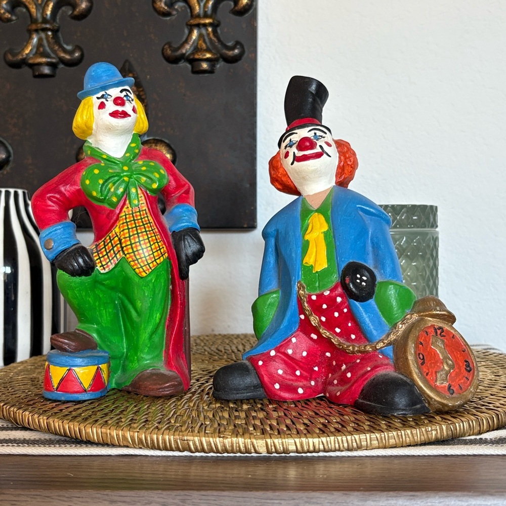 2 Vintage Hand Painted Kitschy Clown Figures